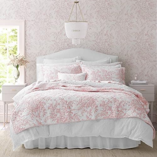 Laura Ashley - Twin Quilt Set, Reversible Cotton Bedding with Matching Sham, Lightweight Home Decor for All Seasons (Bedford Pink, Twin) - Bedford Pink - Twin - Image 1