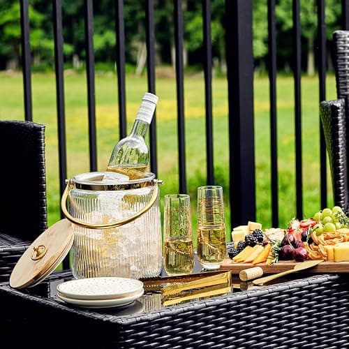 Glass Ice Bucket with Airtight Lid, Ice Tong Scooper and Handle - 3L Ribbed Beverage Tub Cocktail Home Bar Accessories, Wine, Beer - Chiller for Parties, Champagne Drink Tub Cooler with Hinged Handles thumbnail 3