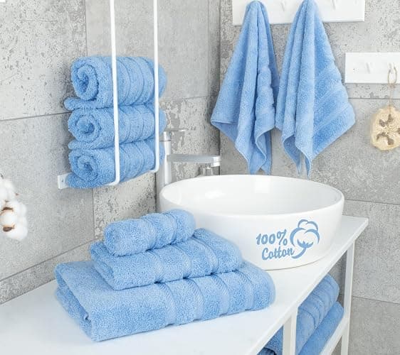 American Soft Linen Luxury 6 Piece Towel Set, 2 Bath Towels 2 Hand Towel 2 Washcloths, 600 GSM 100% Cotton Turkish Towels for Bathroom, Sky Blue Towel Sets thumbnail 2