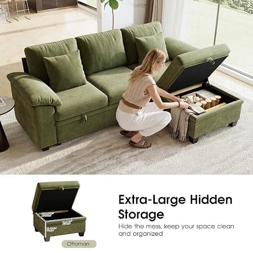 86" Modular Sectional Sleeper Sofa Bed, L Shaped 4 Seat Pull Out Couch with Storage Ottoman, Convertible Cloud Couch Bed, Sectional Couches for Living Room, Apartment (Green) thumbnail 4