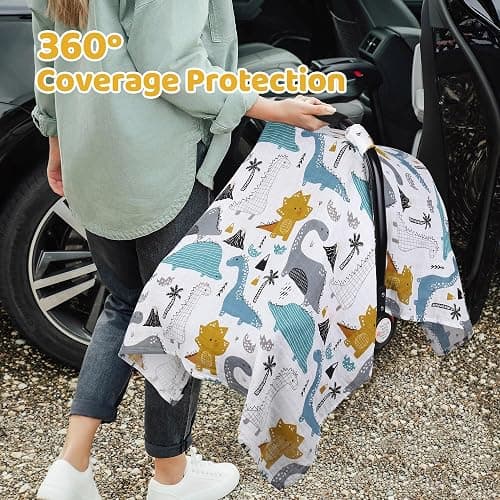 Rquite Dinosaurs Carseat Cover - Muslin Cotton Infant Car Seat Canopy, Breathable Baby Carrier Cover, Summer Stroller Sun Shade thumbnail 5