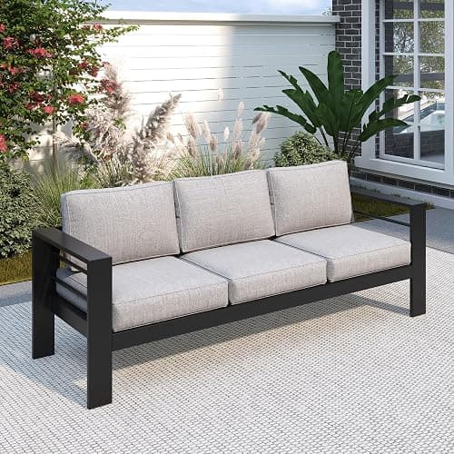 Solaste Aluminum Outdoor Couch, 3-Seat Metal Outdoor Sofa with Water-Resistant Cushion, Weather-Resistant Modern Patio Sofa, Black Frame Grey Cushion - Image 1