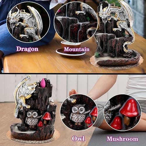 Zvaiuk Dragon Backflow 2 Sided Mountain Waterfall Incense Burner,Fountain Smoke Incense Holder with Backflow Incense Cones, Tweezers, Mat，Resin Aromatherapy Meditationvaiuk (Silver) thumbnail 6