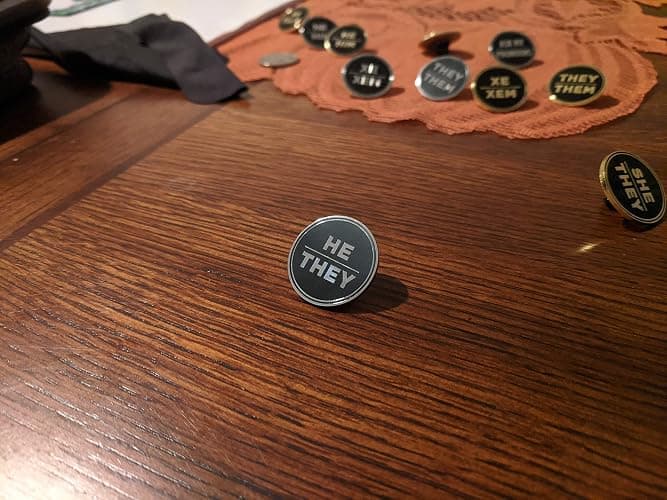 He They Pronoun Pin Black and Silver Circular Hard Enamel Pronoun Badge Button thumbnail 3
