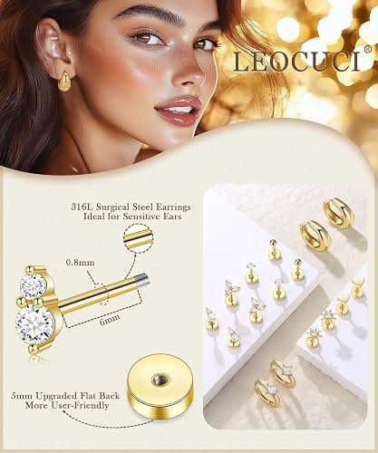 Flat Back Stud Earrings for Women Hypoallergenic Cartilage Earrings Helix Piercing Jewelry Surgical Stainless Steel Chunky Huggie Hoops thumbnail 3