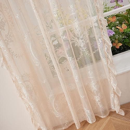 102 Inches Length Beige Lace Curtains for Bedroom 2 Panels Set Vintage Boho Curtains Sheer Floral Embroidery Ruffled Window Treatment thumbnail 8