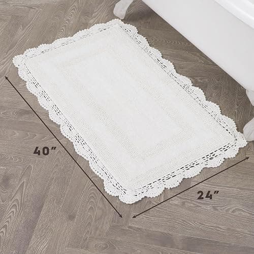 Laura Ashley Absorbent Bath Mat Reversible Crochet Soft and Plush Bathroom Mat 100% Cotton 24x40 Bath Rug, White thumbnail 2