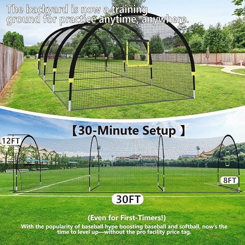 IDEATRY Baseball Batting Cages for Backyard - 22FT/30FTx 12FTx 8FT Portable Practice Softball Cage Net and Frame with Pitching Machine Hole, 12.7MM Fibreglass Poles and Carry Bag thumbnail 8