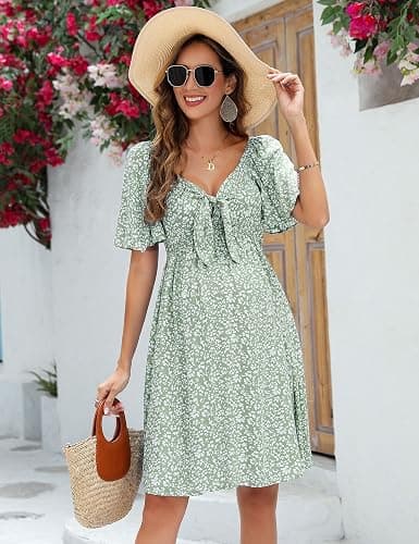 FUNJULY Maternity Dresses for Baby Shower Women's Knotted V Neck Knee Length Wrap Baby Shower Dress thumbnail 7
