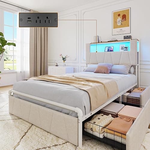 KSOBEBVT Twin Bed Frame with Storage Drawers, Upholstered Headboard with Charging Station & LED Lights, Metal Platform Bed Frame Twin Size, Noise Free, No Box Spring Needed, Easy Assembly, Beige - Image 1