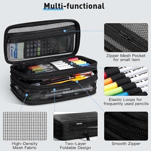 Zannaki Mesh Large Pencil Case,Expandable Pencil Bag with Large Compartments,Big Capacity Pencil Pouch Organizer with Zipper, Portable Stationery Pen Bag,Deformable School Supplies For Teen Girls Boys thumbnail 4