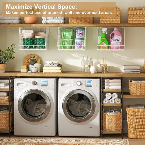 3 Pack Screw Mount Under The Wooden Shelf Laundry Room Organizer: Foldable Wire Basket Space Saving Over The Washer and Dryer - Laundry Organization and Storage, White Patent thumbnail 6