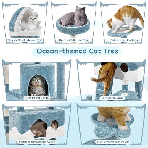 Yaheetech Cat Tree, 72.5inch Ocean-Themed Cat Tower, Multi-Level Large Cat Tree for Indoor Cats with Shark's Mouth Bed & 2 Big Condos & 2 Wide Perches & Funny Toys, Blue & White thumbnail 8