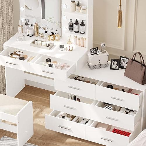Rovaurx 65" W Makeup Vanity Set with Mirror and 3-Color Lights, Large Vanity Table with 8 Drawers & Side Storage Shelf, Adjustable Width, Bedroom Dressing Table with Stool, for Women, White RSZT109WD thumbnail 3