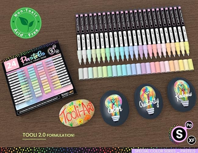 TOOLI-ART 24 marqueurs de peinture acrylique pastel avec pointe extra fine de 0,7 mm pour peindre sur la roche, le verre, le bois, le métal, la toile, les détails, non toxique, à séchage rapide. thumbnail 2