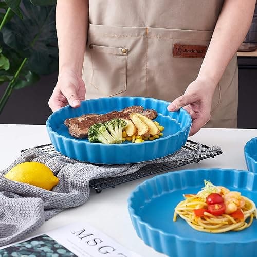 Bruntmor Ceramic Pie Pans Set of 4, Baking Dishes/Quiche Dish/Apple Pie/Tart. Oven Safe Nonstick Porcelain Round Baking Plate/Pot/Tart Pan. 10"/ Blue thumbnail 7