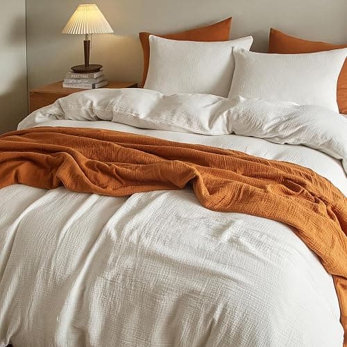 SE SOFTEXLY Muslin Duvet Cover King Size, 100% Washed Cotton Duvet Cover Set, Ultra Soft Comforter Cover Linen Like, 3 Pieces Minimalist Gauze Duvet Cover with 2 Pillowcases, 90"x104", White thumbnail 5