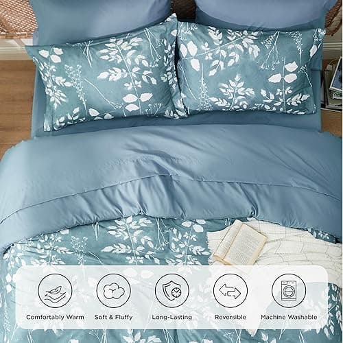 Bedsure Queen Comforter Set - 7 Pieces Floral Mineral Blue Soft Bedding Sets, Queen Bed in a Bag with Botanical Flowers Comforter, Sheets, Pillowcases & Shams thumbnail 4