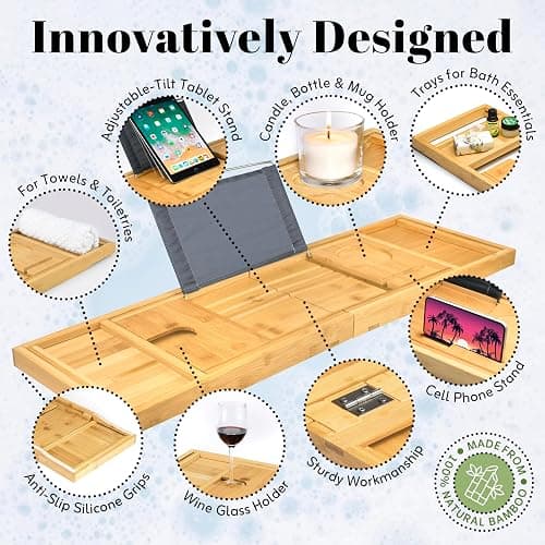 Home It Premium Foldable Bathtub Tray - Bamboo Waterproof Bath Tray for tub Caddy - Wooden Holder for Wine, Book, Soap, Phone, Luxury Gift for Men & Women - Expandable, Fits Most Tubs in Bathroom thumbnail 4