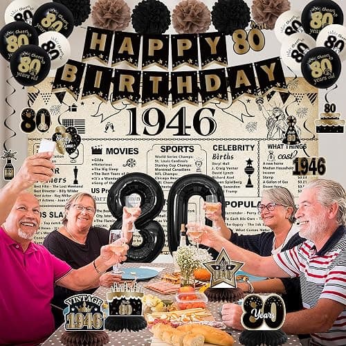 DARUNAXY Vintage 1946 80th Birthday Party Decorations for Men Women(30PC) | Vintage Back in 1946 Banner, Black 80 Number Balloons & Cake Topper, 80 Birthday Honeycomb Hanging Swirl Party Supplies thumbnail 2