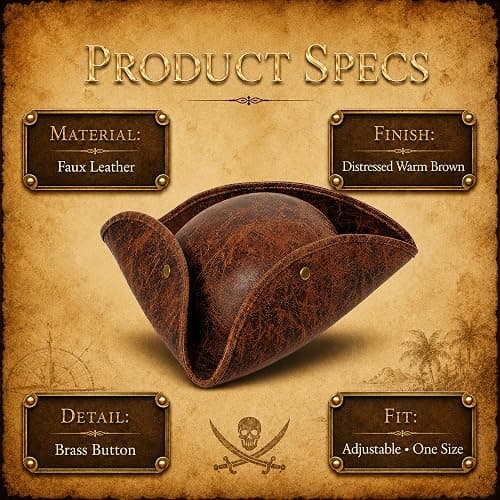 COLLECT PRESENT Distressed Faux Leather Pirate Tricorn Hat for Adults - Vintage Style Pirate Tricorn Hat for Men & Women thumbnail 4