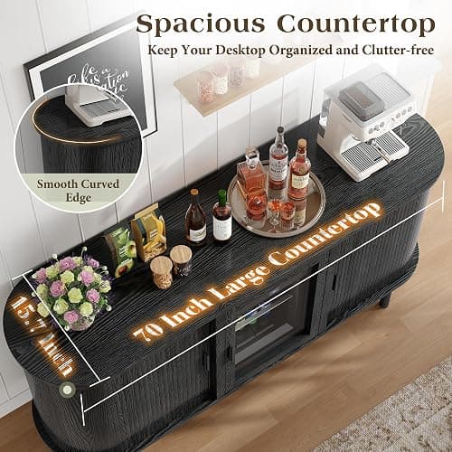LUXOAK 70" Coffee Bar Cabinet with Beverage Fridge (Included), Buffet Sideboard Table for Home, Bar Cabinet with Storage for Dining Room & Living Room, Black thumbnail 6