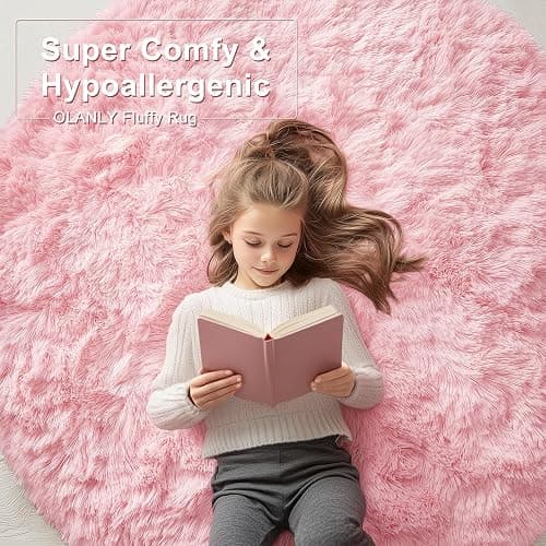 OLANLY Pink Round Rugs for Bedroom - Machine Washable, 4 ft Circle Area Rugs for Living Room, Soft and Fluffy Shaggy Carpet for Teen Girls and Boys, Nursery Rooms, Dorms, Home Decor Aesthetic thumbnail 6