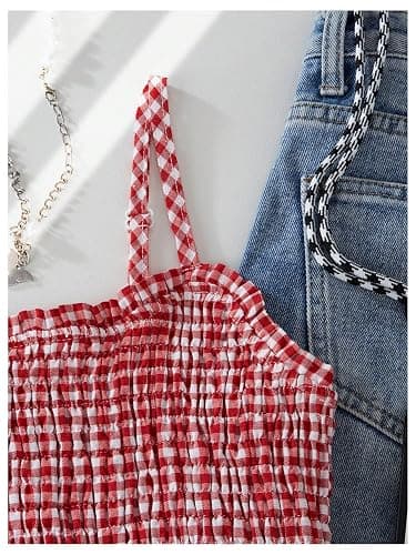RoseSeek Girl's Y2K Gingham Peplum Cami Tops Ruffle Hem Spaghetti Strap Babydoll Plaid Summer Crop Top thumbnail 6