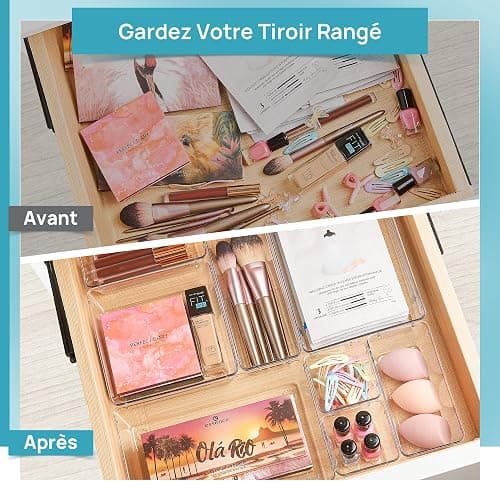 Vtopmart Organisateu Tiroir, Plastique Rangement Tiroir, 4 Tailles, 25 Pack | Design Transparent Empilable, pour Salle de Bain, Coiffeuse, Cuisine et Bureau, Livré avec Tapis Antidérapan, Facile Nettoyer thumbnail 3