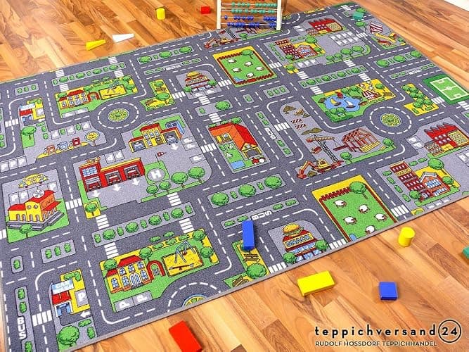 Lernen und Spielen Tapis de Jeu avec Routes - réversible - Deux Faces avec paysages Routiers différents, Taille:100x165 cm thumbnail 2