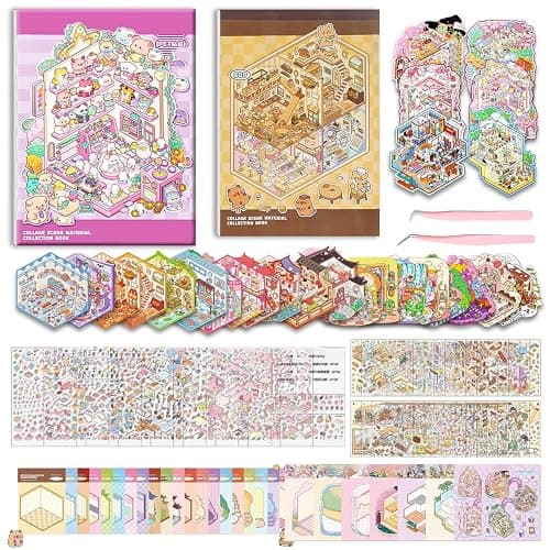 WEINSYT 3D Sticker Scene Book for Adults - 2-Book Set Cute Sticker Books with Scenes, DIY Miniature Scene Sticker Books, Stress Relief Activity Kit with Tweezers & Clips Included - Image 1