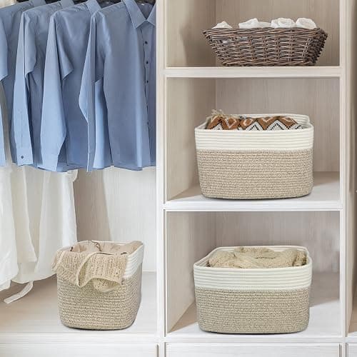 Cotton Rope storage Basket Bins Woven Basket for Organizing Shelves 15X10X9.3" Rectangle Decorative Baskets For storage Clothes Toys Books Towels Nursery basket organizer 3 pack white and brown thumbnail 5