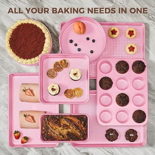 HONGBAKE 9-Piece Baking Pans Set Nonstick, Stackable Non Toxic Bakeware Sets with Diamond Texture, Oven Pan Set for Cooking, Includes Cookie Sheet with Rack, Cake Pan, Roasting Pan, Muffin Tin, Pink thumbnail 4