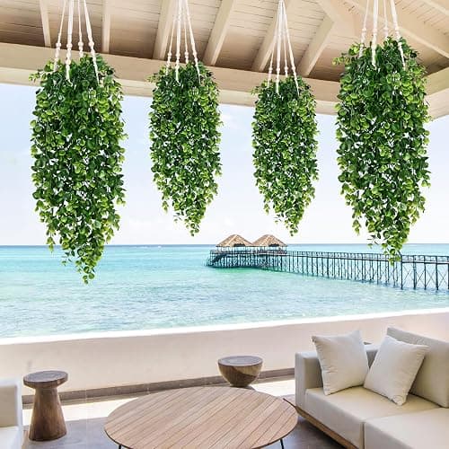 Waipfaru 4Pcs Fake Hanging Plants 2.7ft Fake Plants Eucalyptus Leaves UV Resistant Fake Vines Ivy Artificial Plants Outdoor Faux Plants Indoor Bedroom Living Room Boho Wall Porch Shelf Decor thumbnail 6