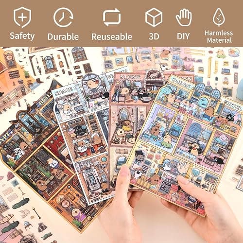 Girls 3D Miniature Scene Stickers,4 Sets Visit the Store DIY House Stickers for Space Cruise,Ocean Hotel,Egypt Hotel,Stone Age,Cute 3D Cartoon Sticker Scenes for Adult Kids Relief Stress Pass The Time thumbnail 3