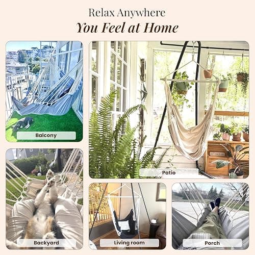 Hanging Hammock Chair Swing - Outdoor & Indoor - Hammock Swing Chair | V2 Lab-Tested Straps, Footrest, Spacious XL Seat, For Adults, Cotton Blend, Ceiling Mount, Bedroom to Porch Use thumbnail 8