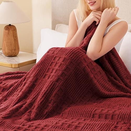 EXQ Home Fleece Throw Blanket for Couch or Bed - 3D Waffle Patchwork Pattern Jacquard Decorative Blankets - Cozy Soft Lightweight Fuzzy Flannel Blanket Suitable for All Seasons(50"×60",Red) thumbnail 4