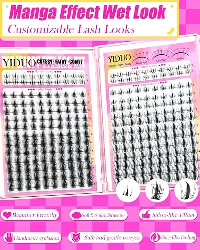 YIDUO Lash Clusters Kit 1400PCS Manga Wet Look Soft Thin Lashes 40D 50D 60D 80D 9-16mm Continuous Length D Curl Individual Lashes with Fairy Manga Bottom Lashes Full DIY Lash Tools Set for Beginner thumbnail 3