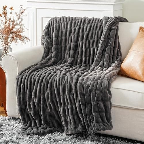 BATTILO HOME Luxury Faux Fur Blanket for Couch, Double Side Ruched Rabbit Fur Blanket Supper Soft Throw Blankets for Bed, Cozy Blanket, 50“x60 thumbnail 2