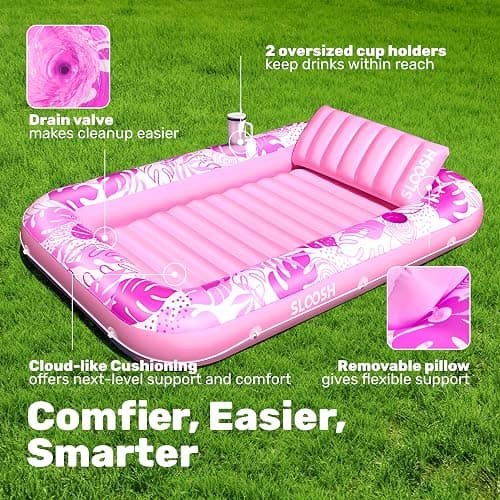 SLOOSH Inflatable Tanning Pool Lounger Float, 70" x 46" Pool Floats Adult with Pillow, 4 in 1 Suntan Tub Raft Floatie,Sunbathing Bed Lounge for Water Blow Up Kids Ball Pit Party Gifts, L-Hot Pink thumbnail 4