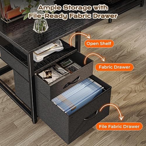 PRAISUN 55 Inch L Shaped Desk with Power Outlets and USB-C Port, Computer Corner Home Office Desk with File Fabric Drawers and Movable Monitor Stand, Larger Storage for Gaming, Work, Black thumbnail 5
