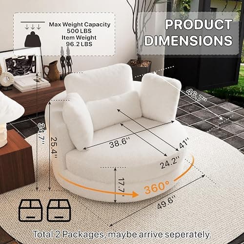Aortzio 49.6''W Swivel Accent Barrel Chair, Oversized Teddy Fabric Upholstered Round Single Couch Sofa with 4 Pillows for Living Room, Apartment, Bedroom (Ivory). thumbnail 2