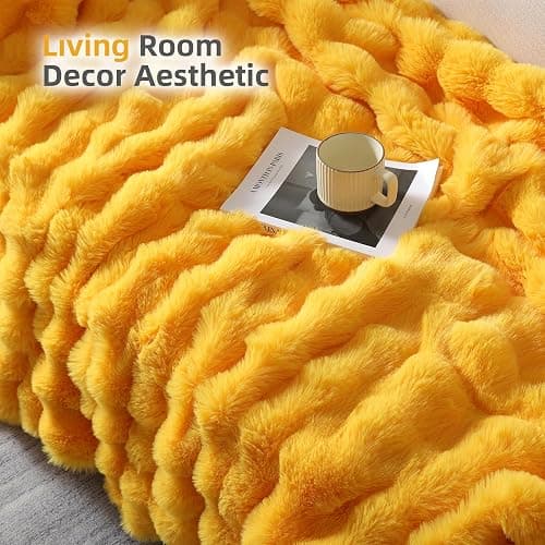 Smoofy Faux Fur Throw for Couch - Mustard Yellow Bubble Blanket 50"x60" | Fluffy Plush Fuzzy Throw for Sofa & Bed, Super Soft Cozy Comfort Blanket, Luxury Aesthetic Yellow Decor Gift for Women thumbnail 5