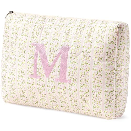 HBselect Initial Quilted Makeup Bag, Pink Cosmetic Travel Toiletry Bag, Flowers Coquette Zipper Make Up Pouch Organizer Teen Girl Gift Trendy Stuff M - Image 1