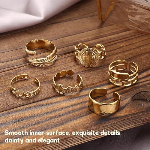 Besteel 18K Gold Plated Rings for Women, Stainless Steel Statement Rings Pack Stacking Boho Midi Rings Adjustable Open Ring Band Twisted Signet Rings Non Tarnish Gold Rings thumbnail 5