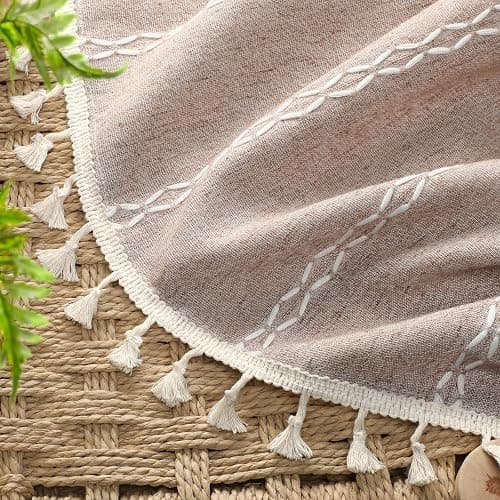 Taupe Boho Blackout Curtains 2 Panels 84 Inch for Living Room Bedroom, Blush Beige Warm Linen Texture Farmhouse Curtains with Tassels and White Cotton Embroidery Vintage Rustic Country Western thumbnail 3
