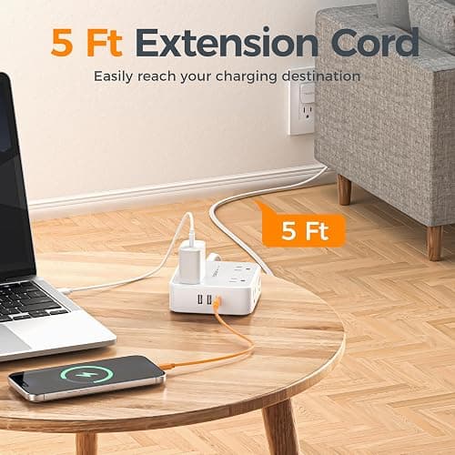 TESSAN Surge Protector Power Strip, 5 Ft Flat Plug Extension Cord with 3 USB (1 USB C) 8 Outlets, 1250W, 900J Protection, 3 Sided Outlet Extender with Power Switch for Office, Dorm Room Essentials thumbnail 6
