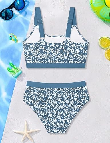 AGAPENG Girls Swimsuit Color Block Bikini Sets Tropical Print Bathing Suit Two Piece Adjustable Straps Sporty Swimwear 9-16Y thumbnail 8