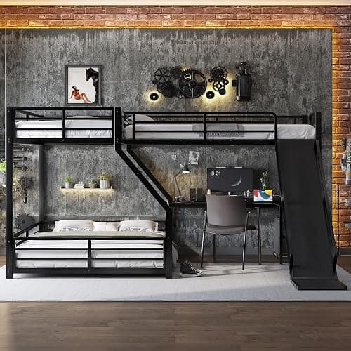 Bellemave Triple Bunk Beds, L-Shape Twin XL Over Queen Bunk Bed Attached a Loft Bed with Desk, Triple Bunk Bed with Slide and USB Ports, Metal Corner Bunkbed Frame for Three Boys Girls Teens, Black thumbnail 4