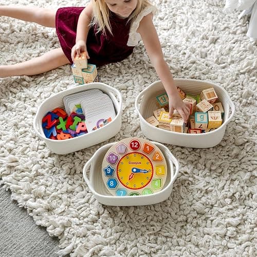NaturalCozy 5-Piece Rectangle Storage Basket Set- Cotton Rope Woven Baskets for Organizing! Small Basket for Montessori, Baby Nursery, Dog Toy Baskets, Cat Toy Box, Bathroom Organization Bin thumbnail 4